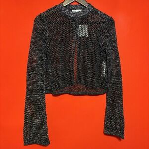 Zara Silver Metallic Knit Cropped‎ Top Long Sleeve See Through Sparkle Women's S